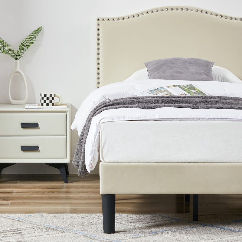 VECELO, Upholstered Platform Bed Frame with Nailhead Headboard- Twin/Full/Queen Size Bed-Beige