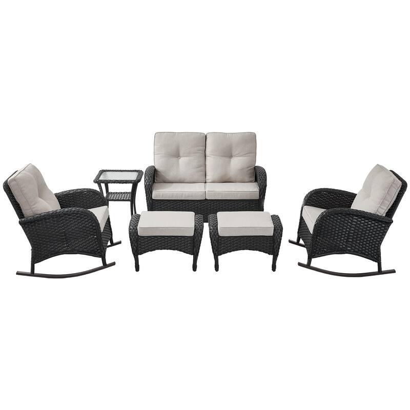 Pocassy 6 Pieces Glider Sofa with Rocker Chairs Ottomans Table
