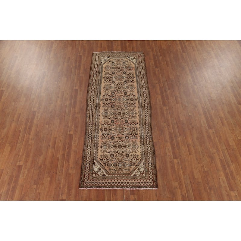 Hamedan Persian Vintage Runner Rug Hand-Knotted Peach Wool Carpet - 3'8" x 9'9"