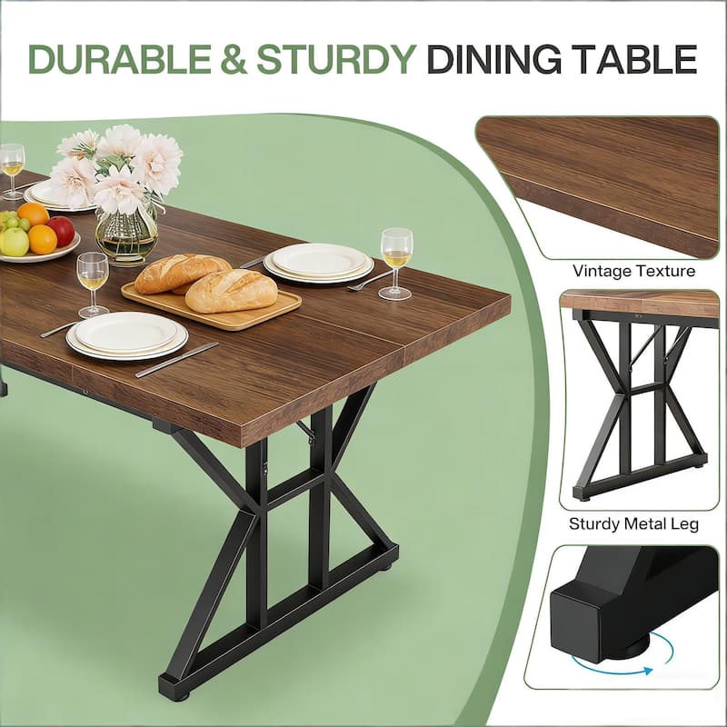 Dining Table for 6, Wood Kitchen Table with Trestle Base, Kitchen Table Meeting Table with X-shaped Accents