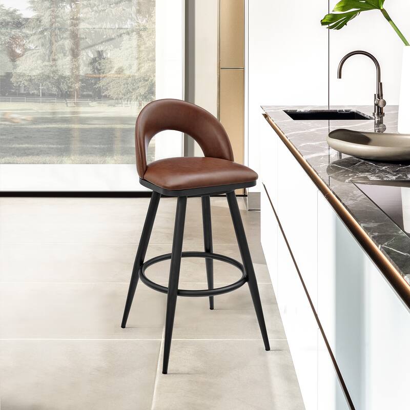Charlotte Faux Leather and Metal Swivel Counter or Bar Stool - Black & Brown - Bar Height