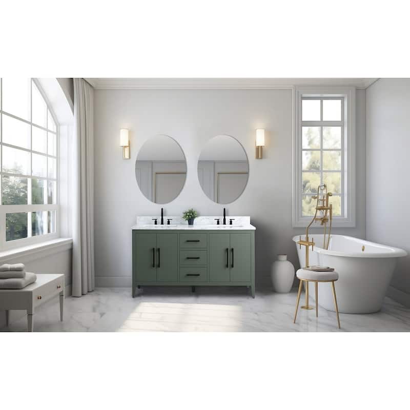 Vanity Art 60" Double Sink Bathroom Vanity Cabinet with Engineered Marble Top - 60"/Matte Black Handle - Vintage Green