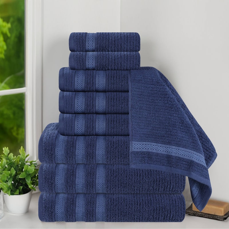 Superior Brea Zero Twist Cotton Ribbed Modern 9 Piece Bathroom Towel Set - Navy Blue