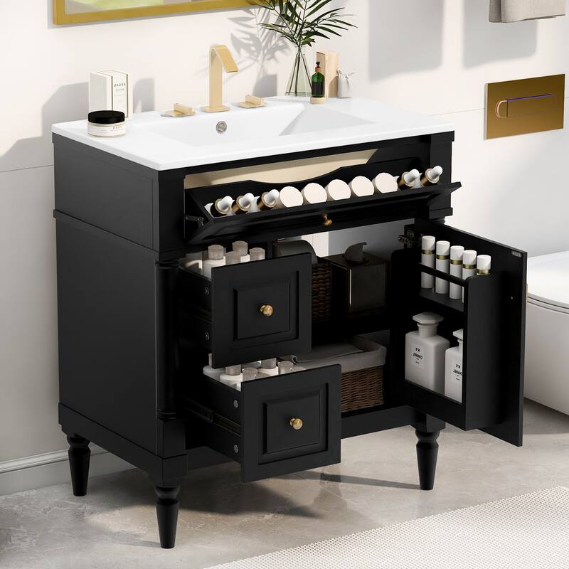 Roomfitters 30" Bathroom Vanity with Sink, Solid Wood Frame, Flip Drawer, 2 Drawers & Door Rack