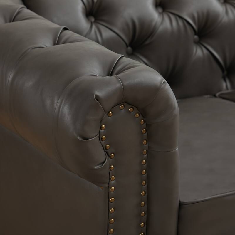 Vintage PU Button-Tufted Sofa Couch, Flared Arms, Rubberwood Legs & Nailhead Trim