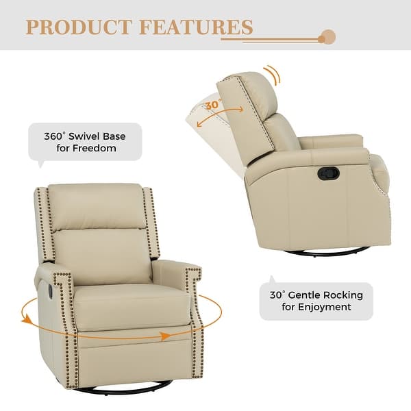 dimension image slide 5 of 13, Echidna 29.6" Transitional Genuine Leather Swivel Rocker Nursery Chair with Nailhead Trim by HULALA HOME