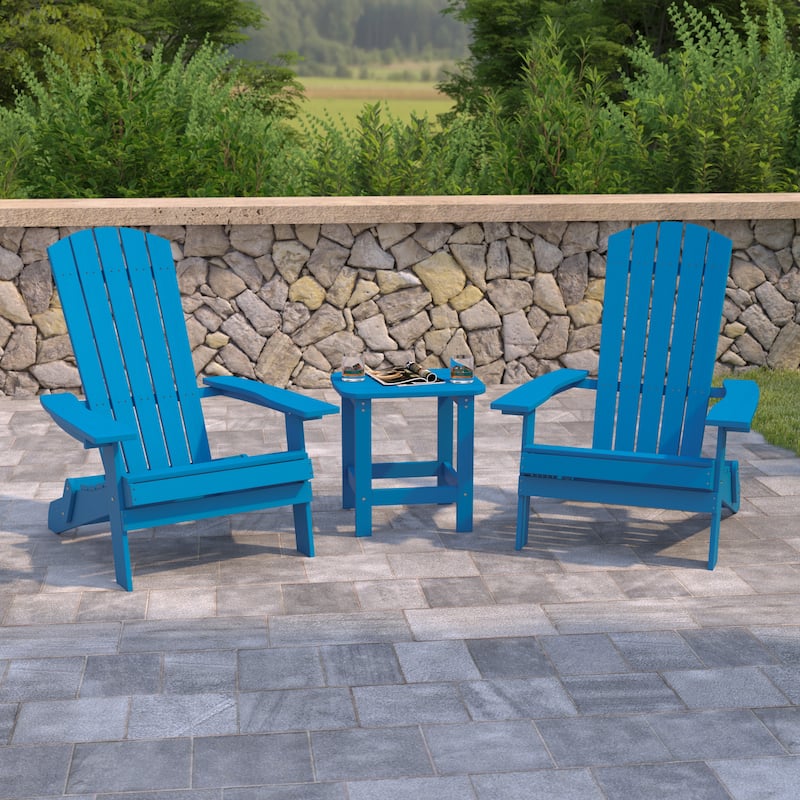 Set of 2 Indoor/Outdoor Folding Adirondack Chairs with Side Table - 34"D x 30.25"W x 37"H - Blue