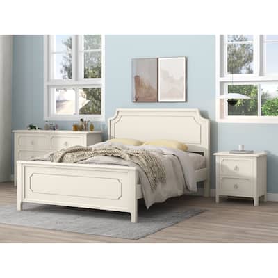 3 Pieces Bedroom Sets Queen Platform Bed w/ Nightstand & Dresser, White