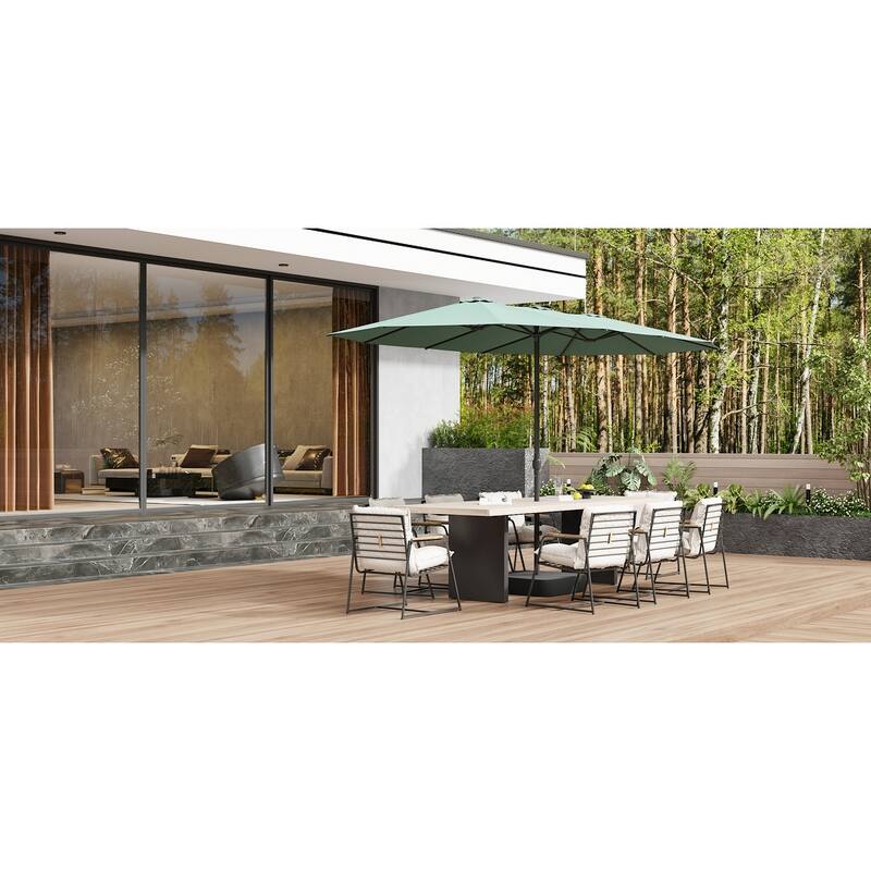 15ft x 9ft Double Patio Umbrella with Base and Sandbags, Extra Large Twin Outdoor Market Umbrella with Auto Tilt, 180g Polyester