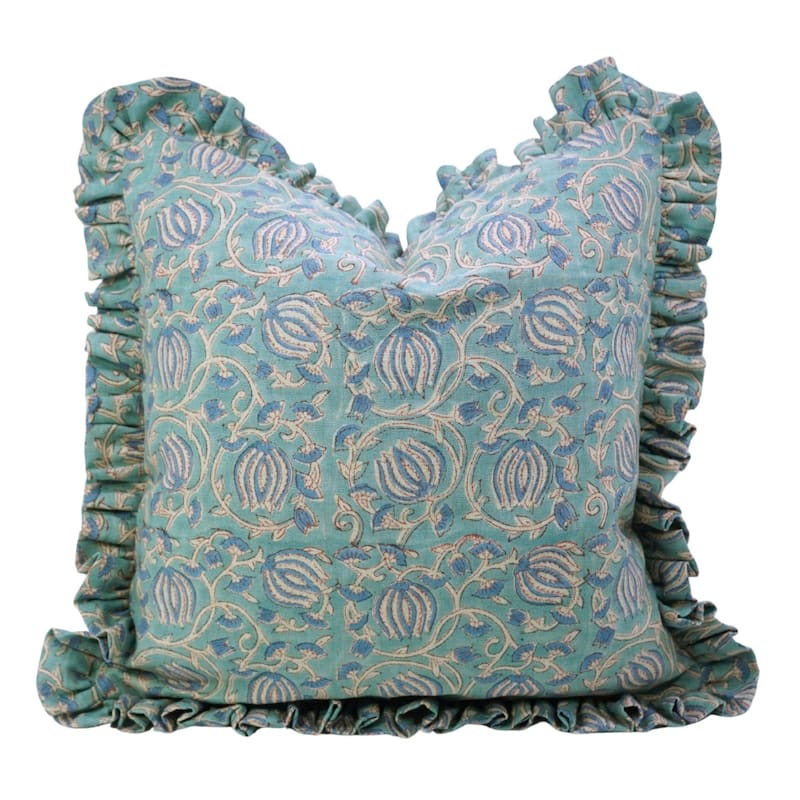 Fabdivine Handmade Block Print Floral Frill Both Side Soft Boho Pure Linen Pillow Cover - 6 Kamal- Blue - 16" x 16" - Cover Only