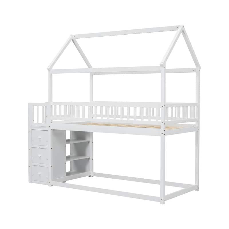 House-shaped Storage Loft Bed Twin Over Twin Size Bunk Bed with Built-in Shelves, 3 Drawers and Guardrail, No Slats Floor Bed