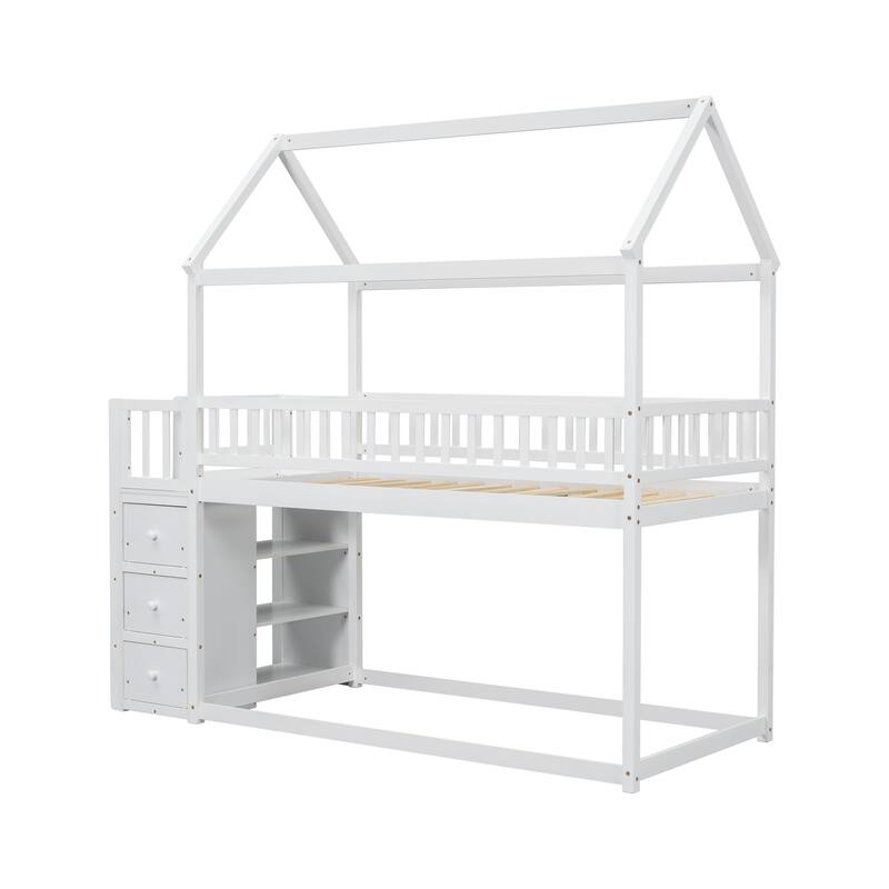 Twin over Twin House Shaped Bunk Bed, Solid Pine Wood Floor Bunk Bed Frame with Shelves and 3 Drawers, No Box Spring Needed