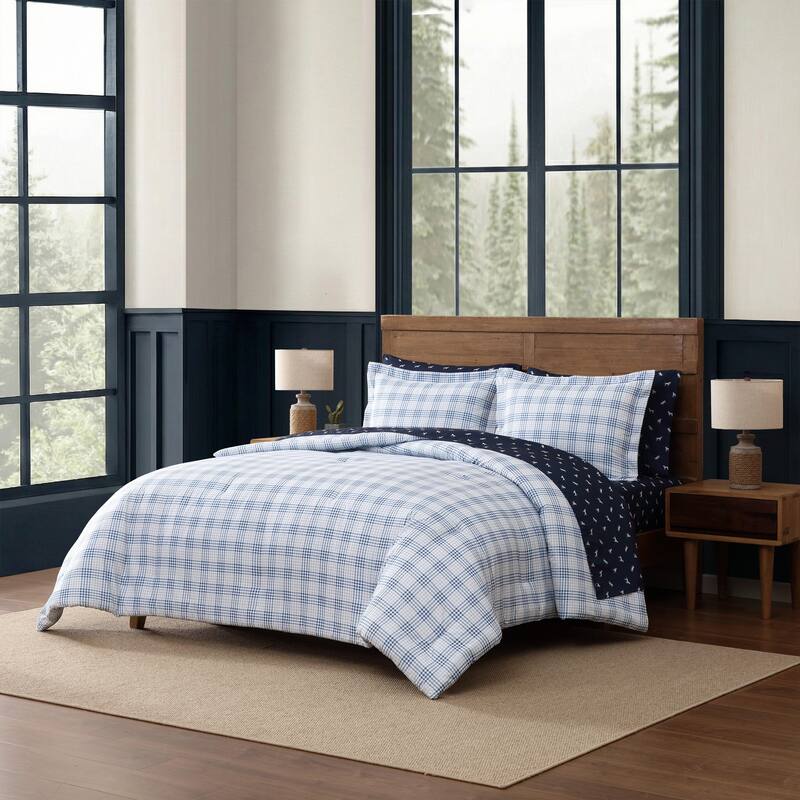Eddie Bauer Beach Pine Plaid Reversible Blue Comforter Bonus Set