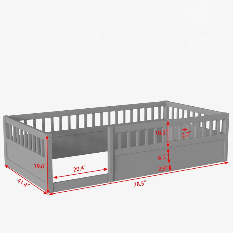 Kids Floor Bed Frame Toddler Montessori Low-Profile Floor Bed with Solid Wood Baffle Fence, No Slats No Door for Children's Room