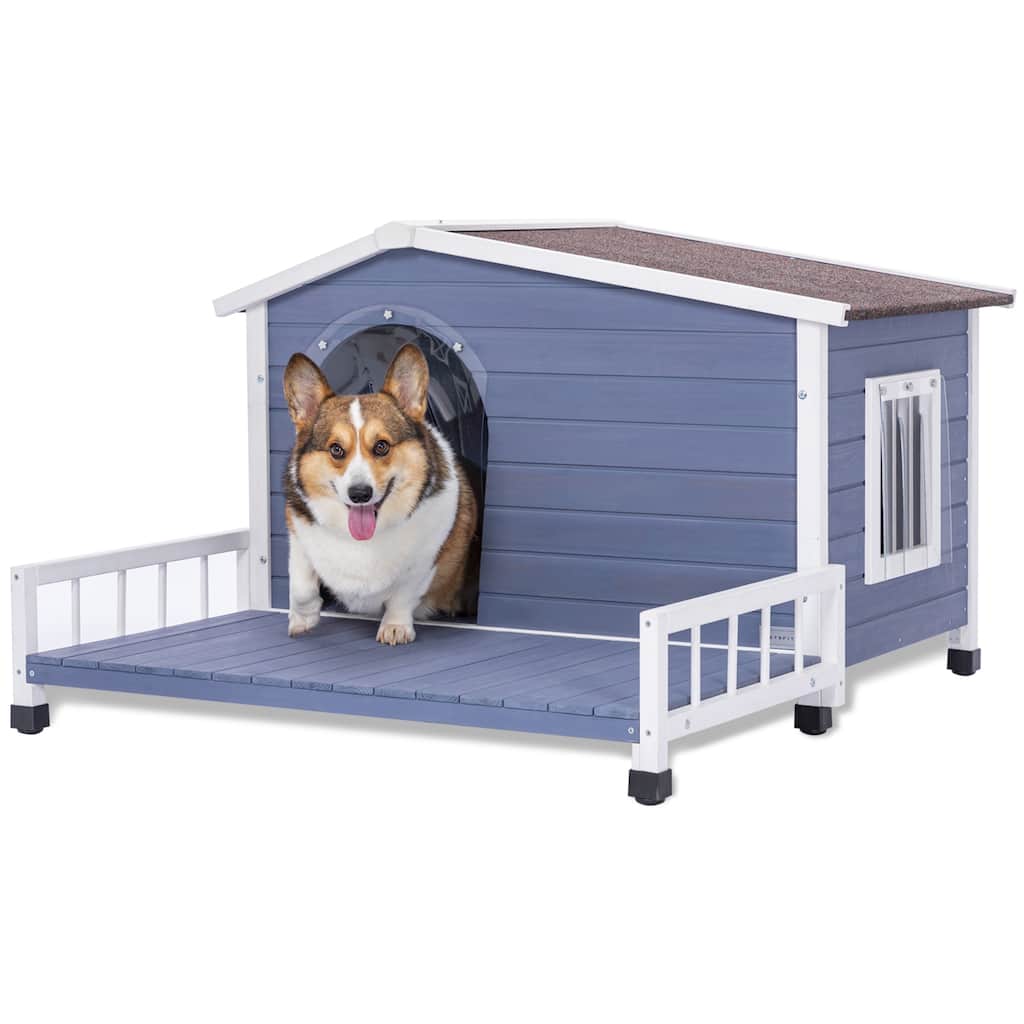 Large Wooden Dog House Indoor Outdoor with Terrace and Waterproof Asphalt Roof, with Raised Floor, Windows and Door Curtains