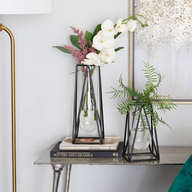 Glass Tube Vase with Metal Stand (Set of 2) - Black