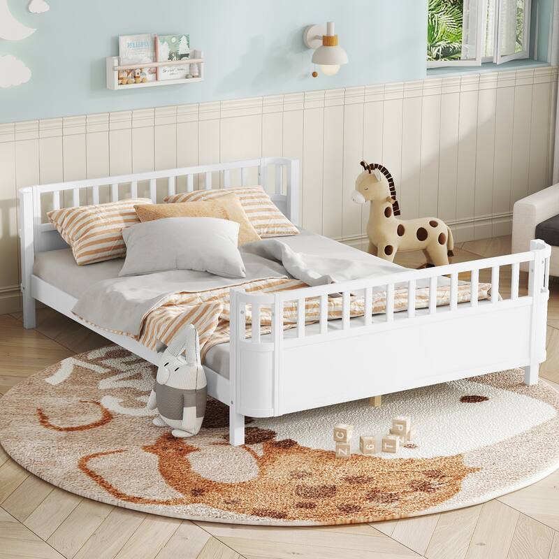 Multi Size Low Platform Bed for Kids with Rounded Corners Guardrails, Detachable Right-side Fence and Open Left-side Design