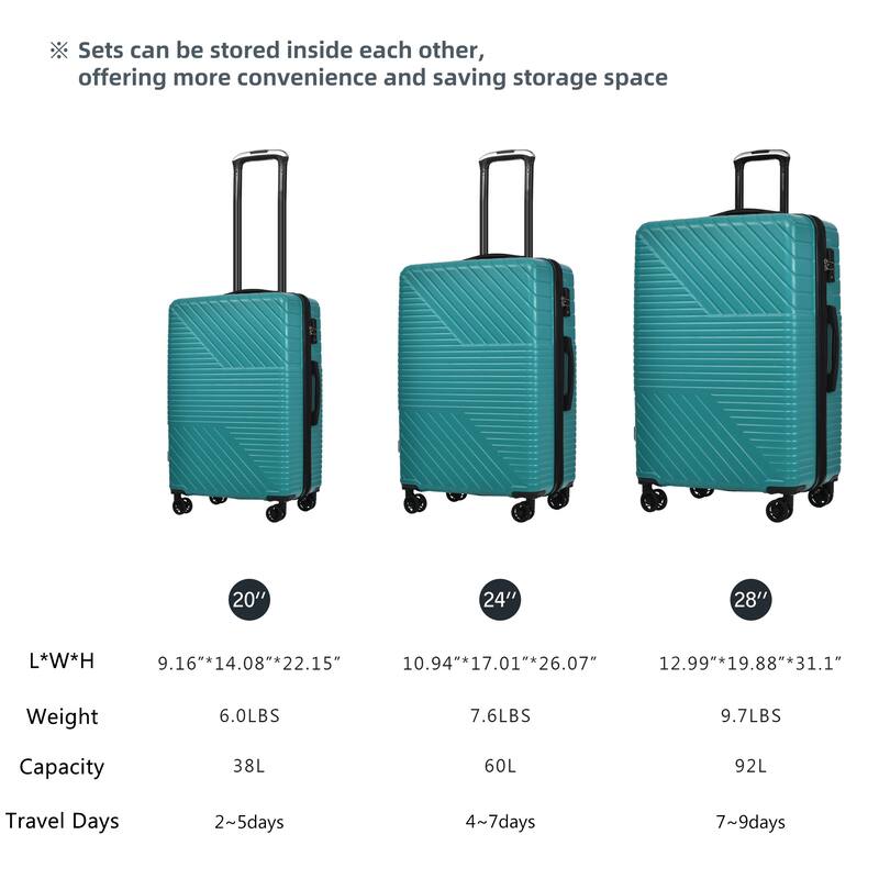 3-Piece ABS Luggage Travel Sets with Double Spinner 8 Wheels and TSA ...