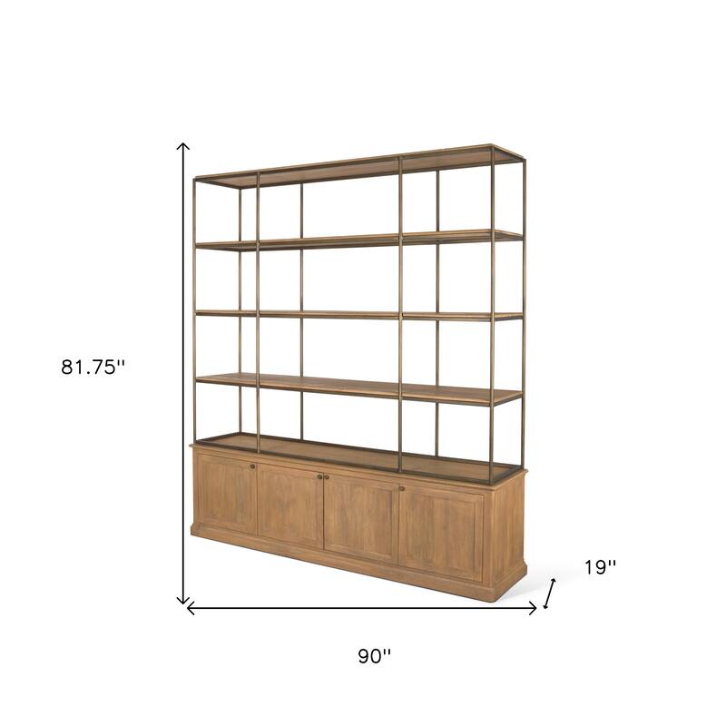 HomeRoots 82" Antiqued Brass And Light Brown Distressed Metal and Solid Wood Three Tier Bookcase with Four Doors