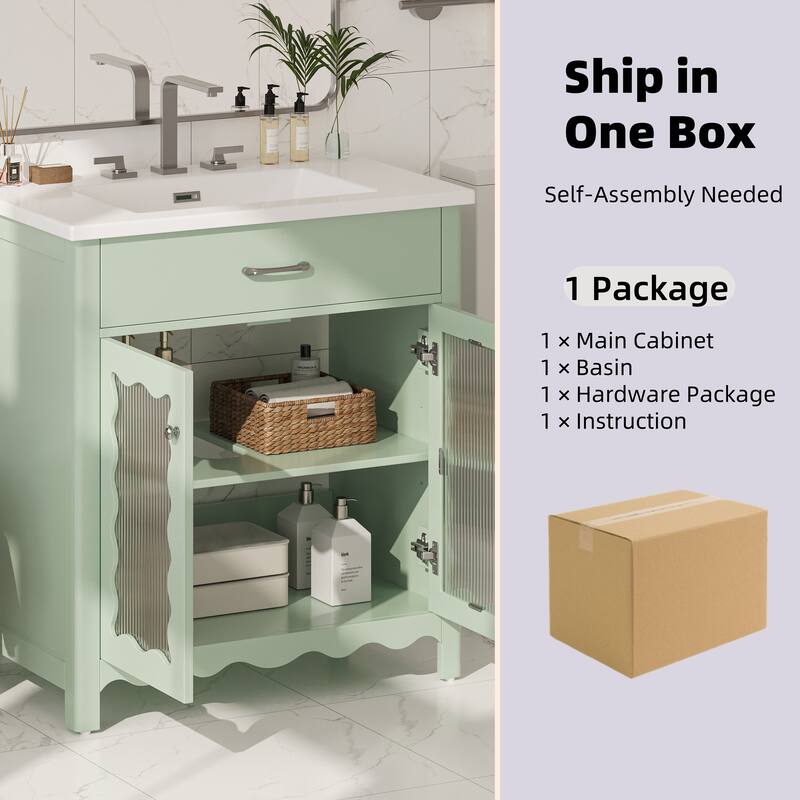 Bathroom Vanity with Sink, Bathroom Cabinet with Tempered Glass Doors & Adjustable Shelves, Wood Bathroom Storage Cabinet