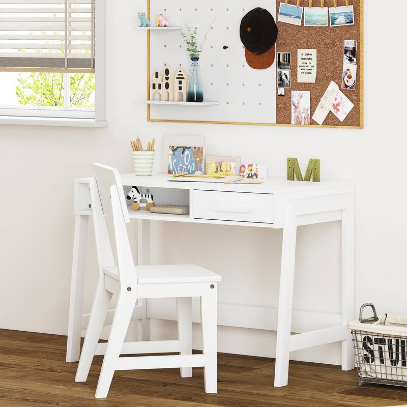 COSTARS Kids Desk and Chair Set: Wooden Study Table with Drawers & Ergonomic Chair for Bedroom & Study Room - White