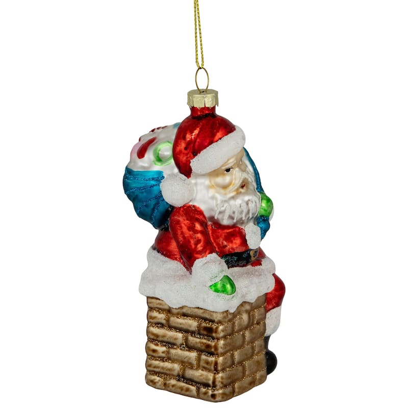 5" Santa Down the Chimney Hanging Glass Christmas Ornament