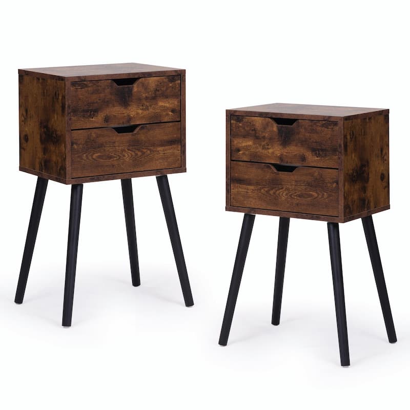 Nightstand with 2 Drawers, Solid Wood Legs, Bedside Table