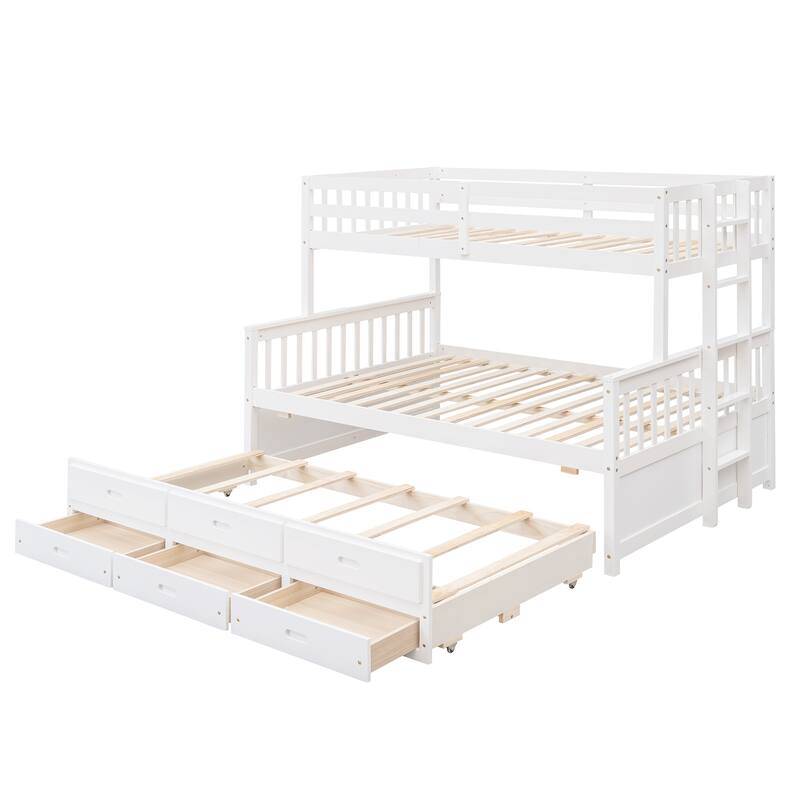 Twin-Over-Full Bunk Bed with Trundle and 3 Drawers, Playhouse-Inspired Design