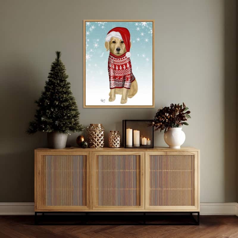 Golden Retriever in Christmas Sweater by Fab Funky (23 x 28 in.), Framed Canvas Wall Art Print - Sylvie Natural