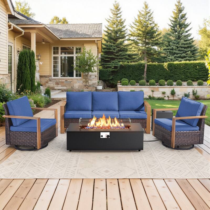 Meyreso Wicker Outdoor Patio Fire Pit Set with Swivel Gliders & 4.5-Inch Olefin Cushions
