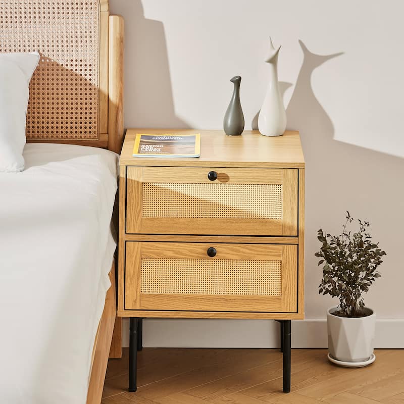 CO-Z Boho Wicker Rattan Nightstand Bedside Table - 2-drawer - Natural Wood