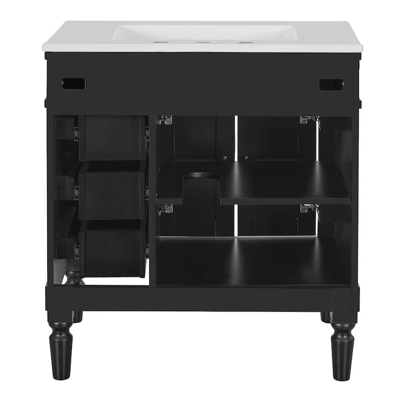 30" Bathroom Vanity with Ceramic Sink Bathroom Storage Cabinet with 3 Drawers and U-Shaped Adjustable Shelf