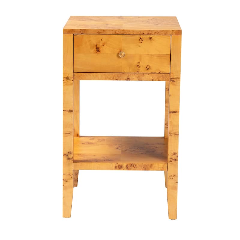 Ghina Modern and Contemporary Natural Light Mappa Real Burl Wood 1-Drawer Nightstand