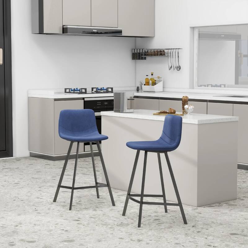 Elland Leather Bar Stool - Modern Counter Height Stool with Black Stainless Steel Legs for Kitchen Island or Home Bar Set of 2