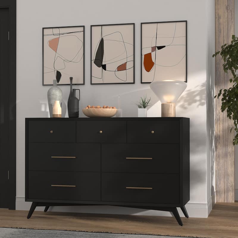 Alpine Furniture Flynn Mid Century Modern 7 Drawer Dresser, Black
