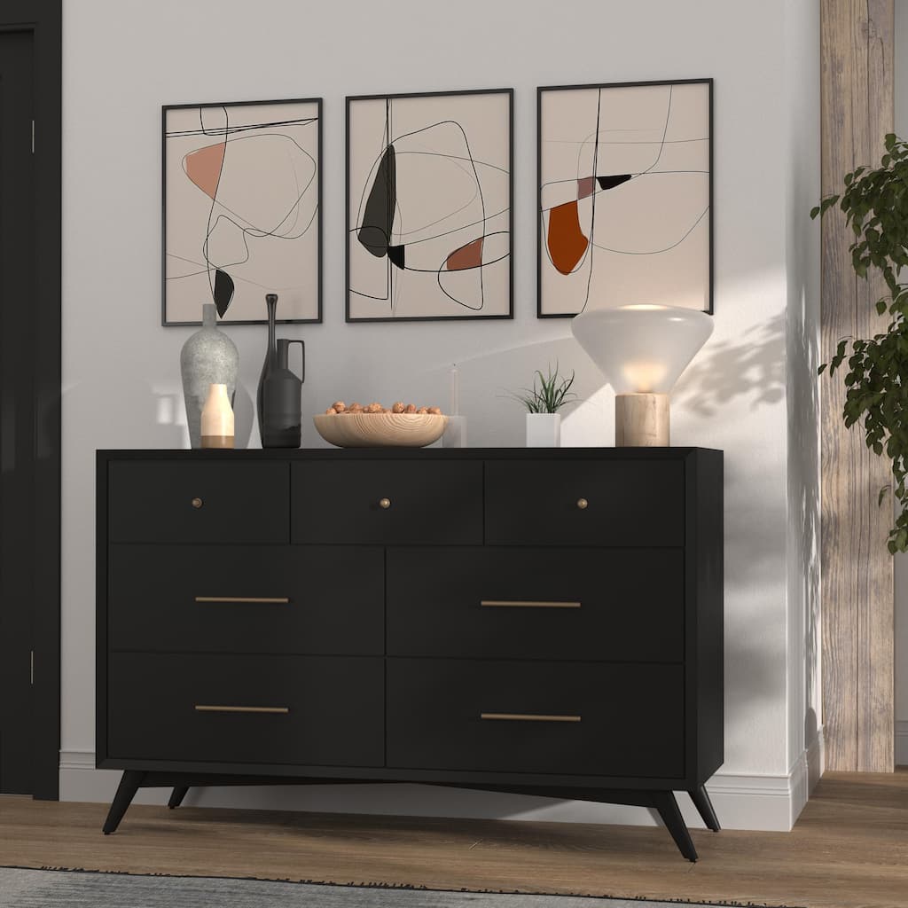 Alpine Furniture Flynn Mid Century Modern 7 Drawer Dresser, Black