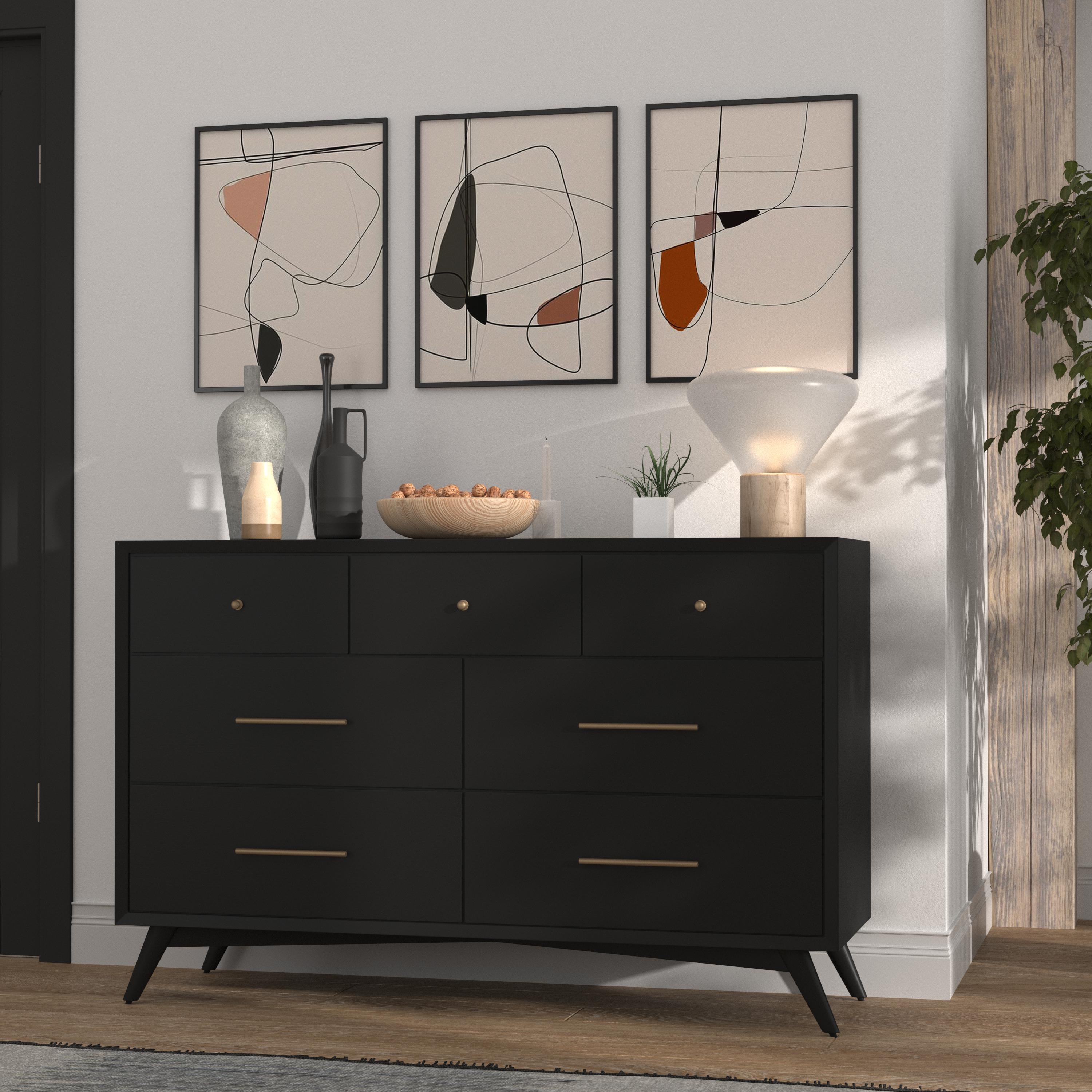 Alpine Furniture Flynn Mid Century Modern 7 Drawer Dresser, Black