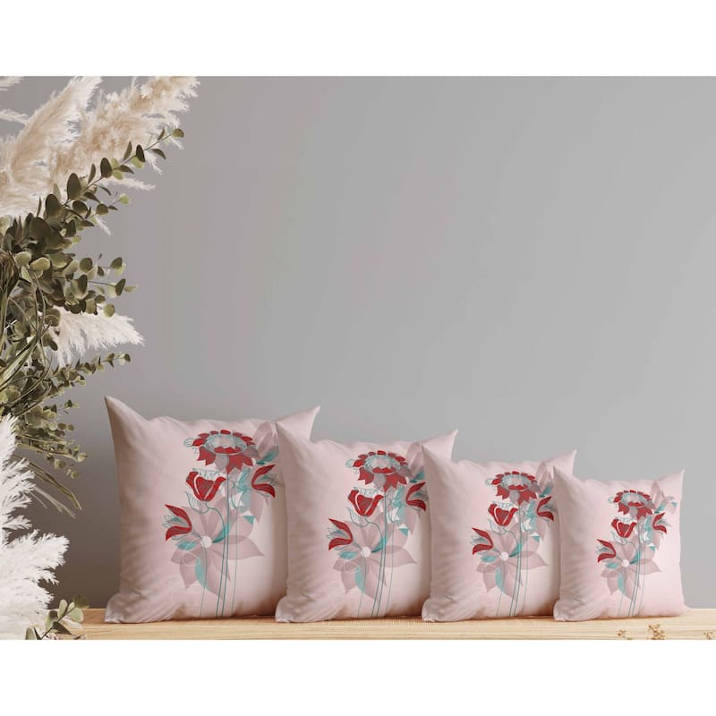 Flowers Line Art Indoor/Outdoor Reversible Throw Pillow Pink and Red
