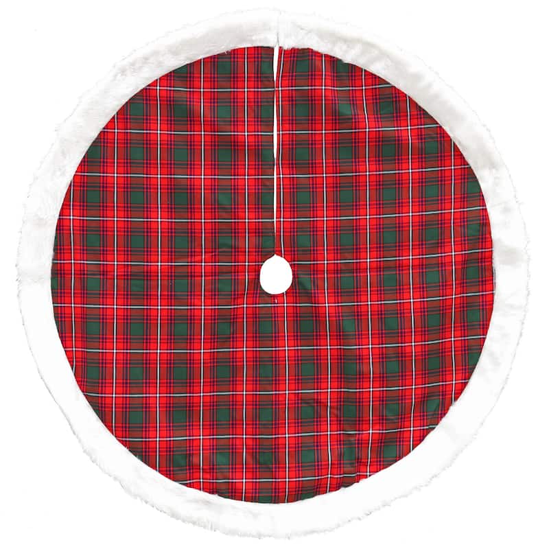 48" Red and White Plaid Border Christmas Tree Skirt - 48