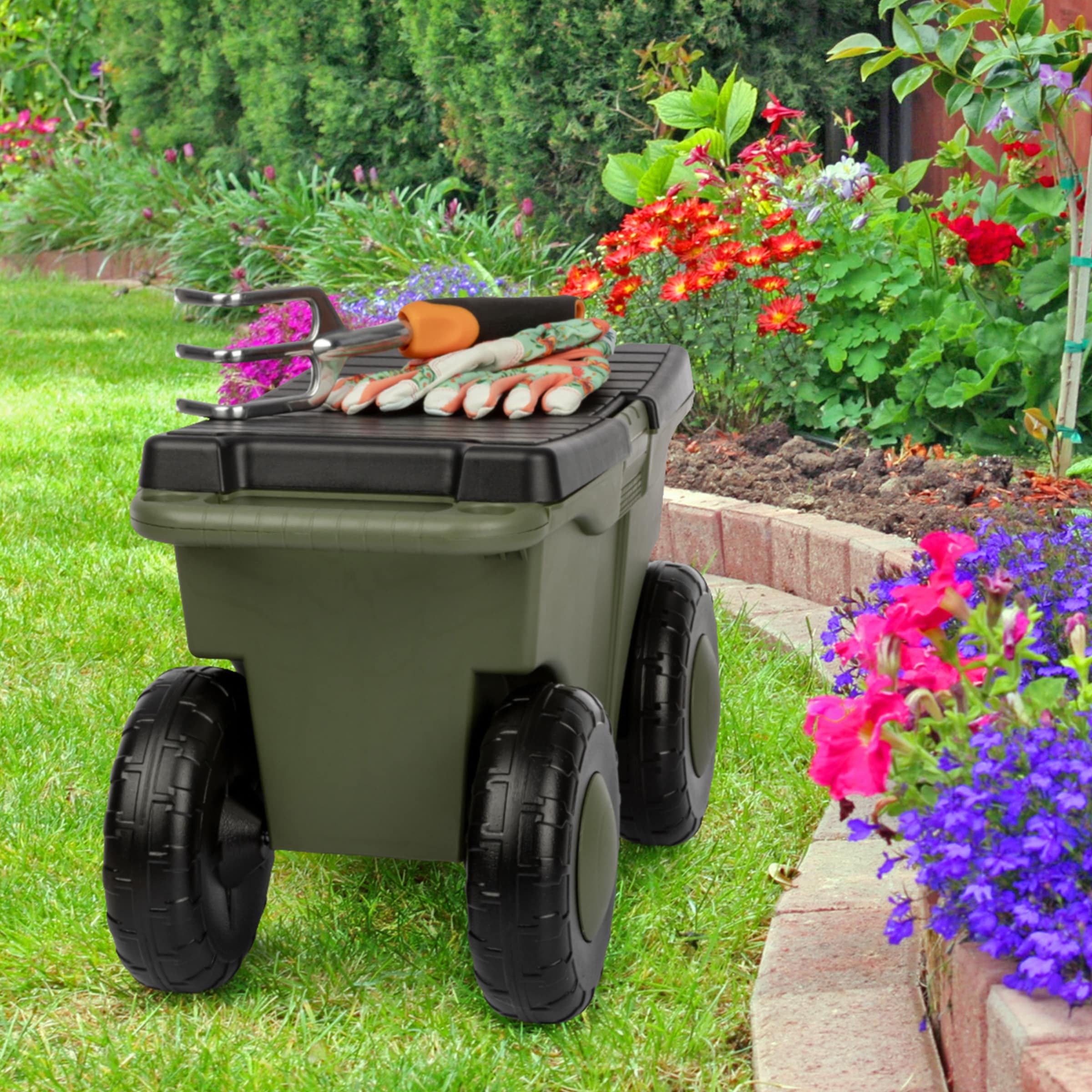 Rolling Garden Cart with Seat - Plastic Storage with Bench and Interior  Tool Tray by Pure Garden (Green) - Bed Bath \u0026 Beyond - 41160847, image size:2400x2400