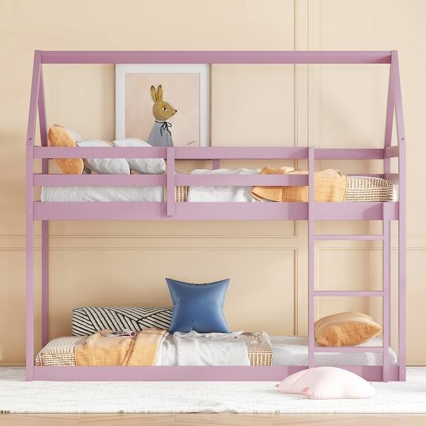 slide 2 of 5, Safety and Quality Guaranteed Floor Bunk Bed with Ladder, Rubber Wood & House-Shaped, Twin over Twin, Pink Pink