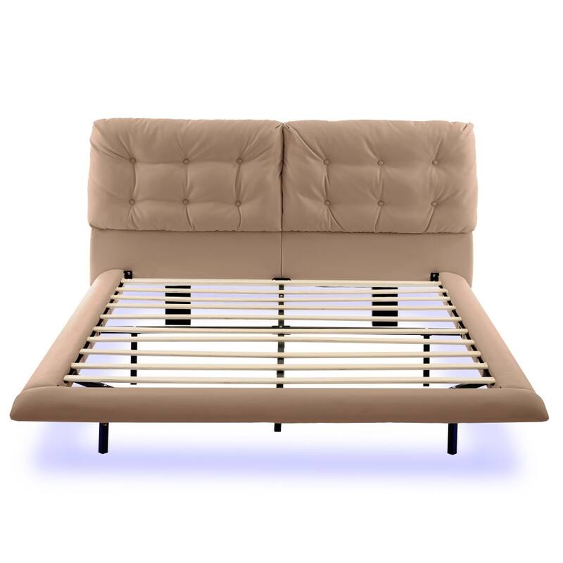 Queen Size Upholstered Floating Platform Bed Frame with LED Lights with Button-tufted Headboard
