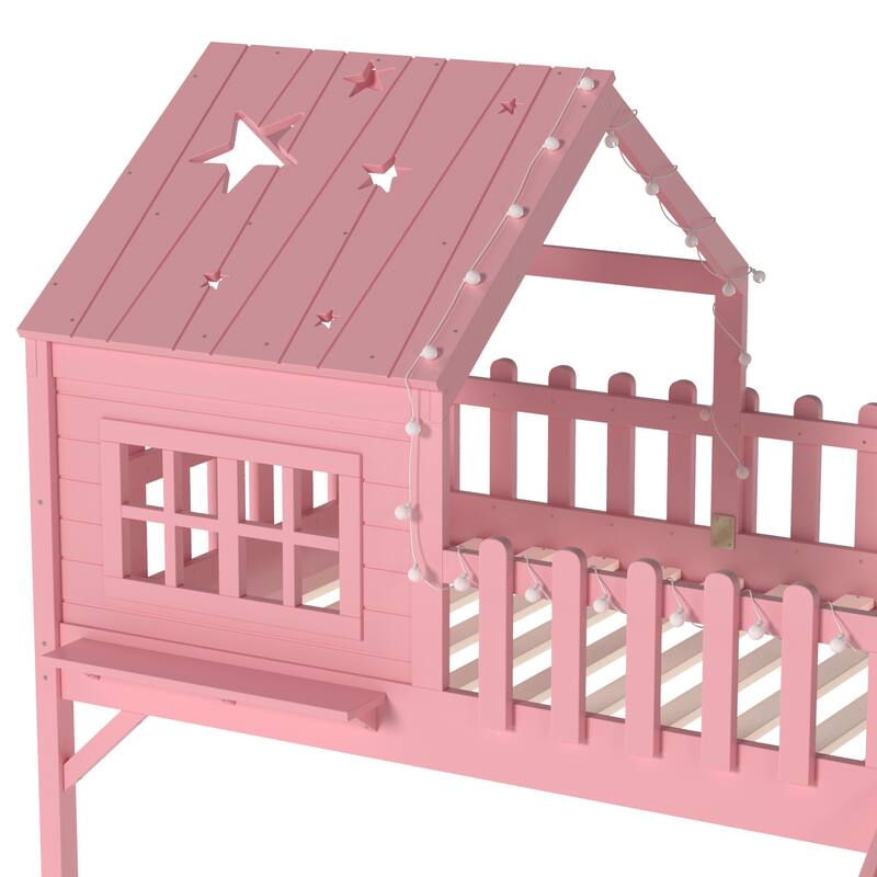 Twin Size House Loft Bed with Slide,Playhouse Bed with Star Moon-shaped Designs and Window, Chic Design with LED Lights