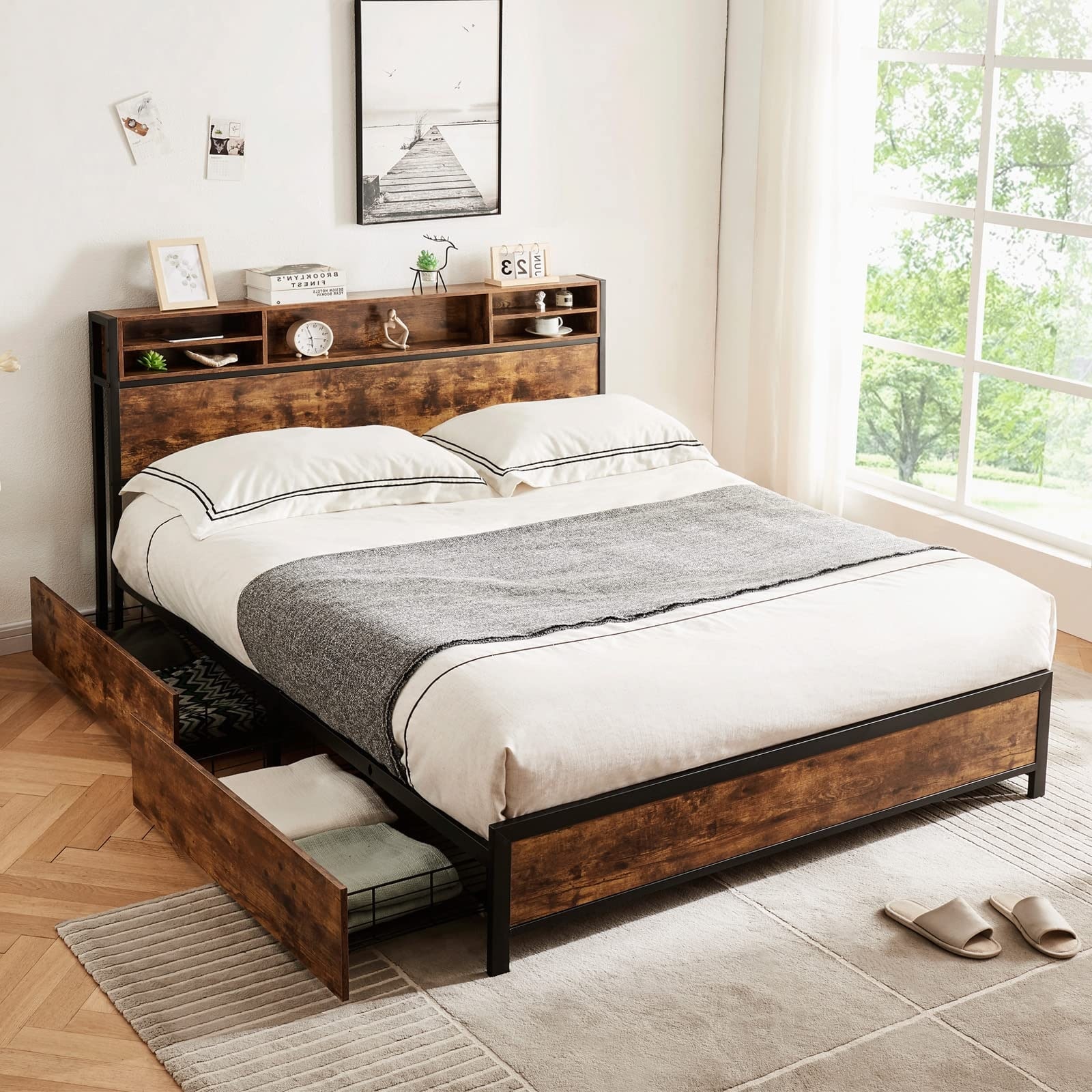 Queen Bed Frame with Bookcase Headboard and 4 Storage Drawers Metal Platform Bed Frame Queen Size Bed Bath Beyond 38211586