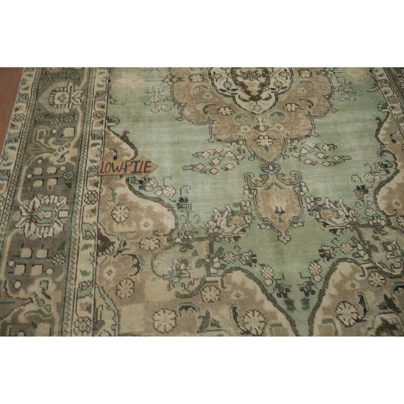 Hand Knotted Oriental 100% Wool Carpet Traditional Floral Green Tabriz Area Rug - 10' 0'' X 6' 6''