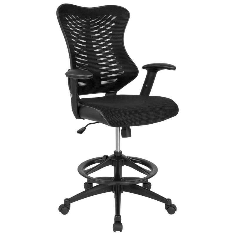 High Back Mesh Drafting Chair with LeatherSoft Sides and Adjustable Arms - Black