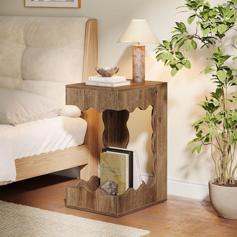 Farmhouse Narrow End Table, 2-Tier C-Shaped Side Table for Living Room - 17.3"W x 13.9"D x 25.6"H
