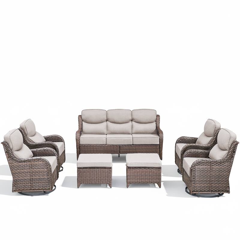 Arcadia 7-Piece Wicker Patio Conversation Set with Swivel Gliders and 6-Inch Thick Olefin Cushions
