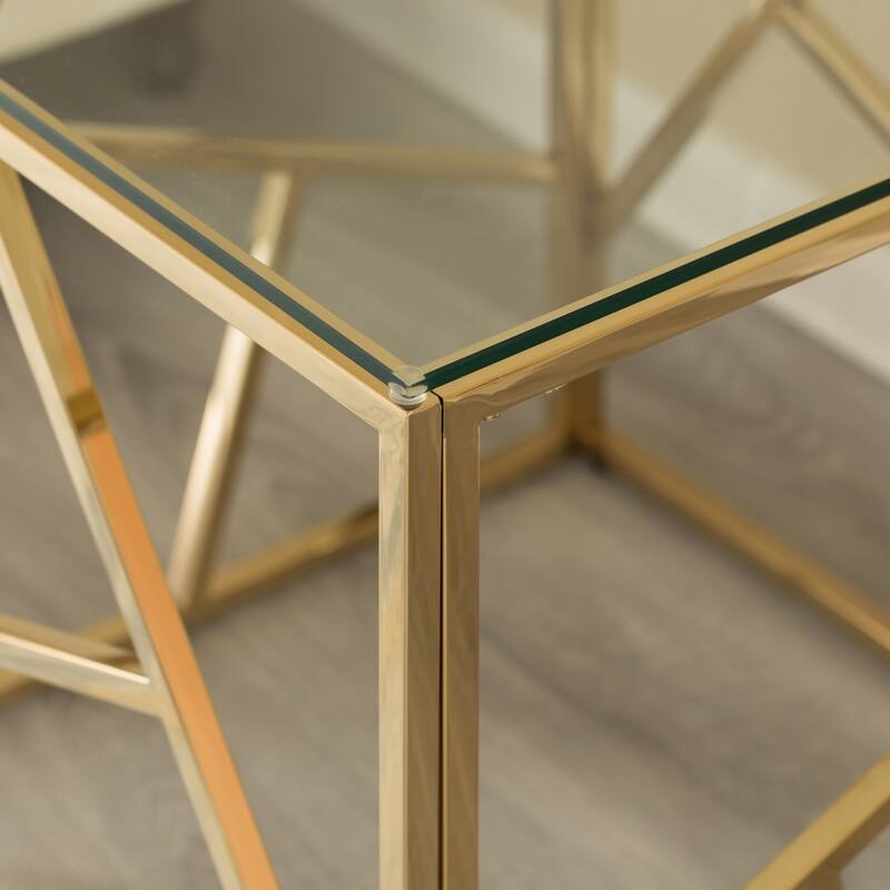Modern Square End Side Table, Tempered Glass Top Metal Coffee Table