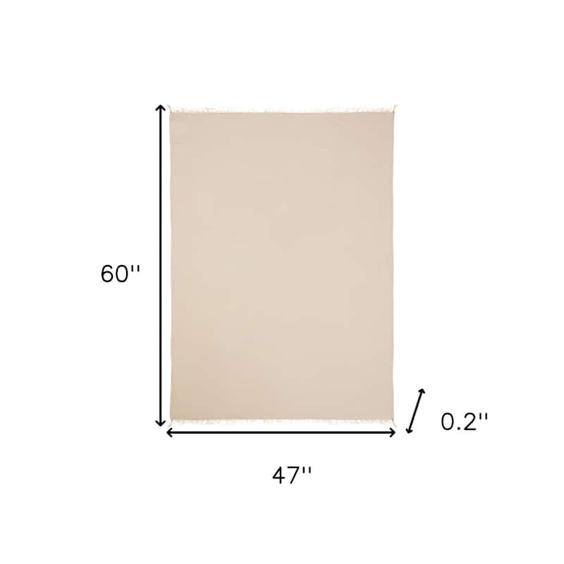 HomeRoots 47" X 60" Beige Cotton Woven Turkish Towel Throw Blanket with Fringe